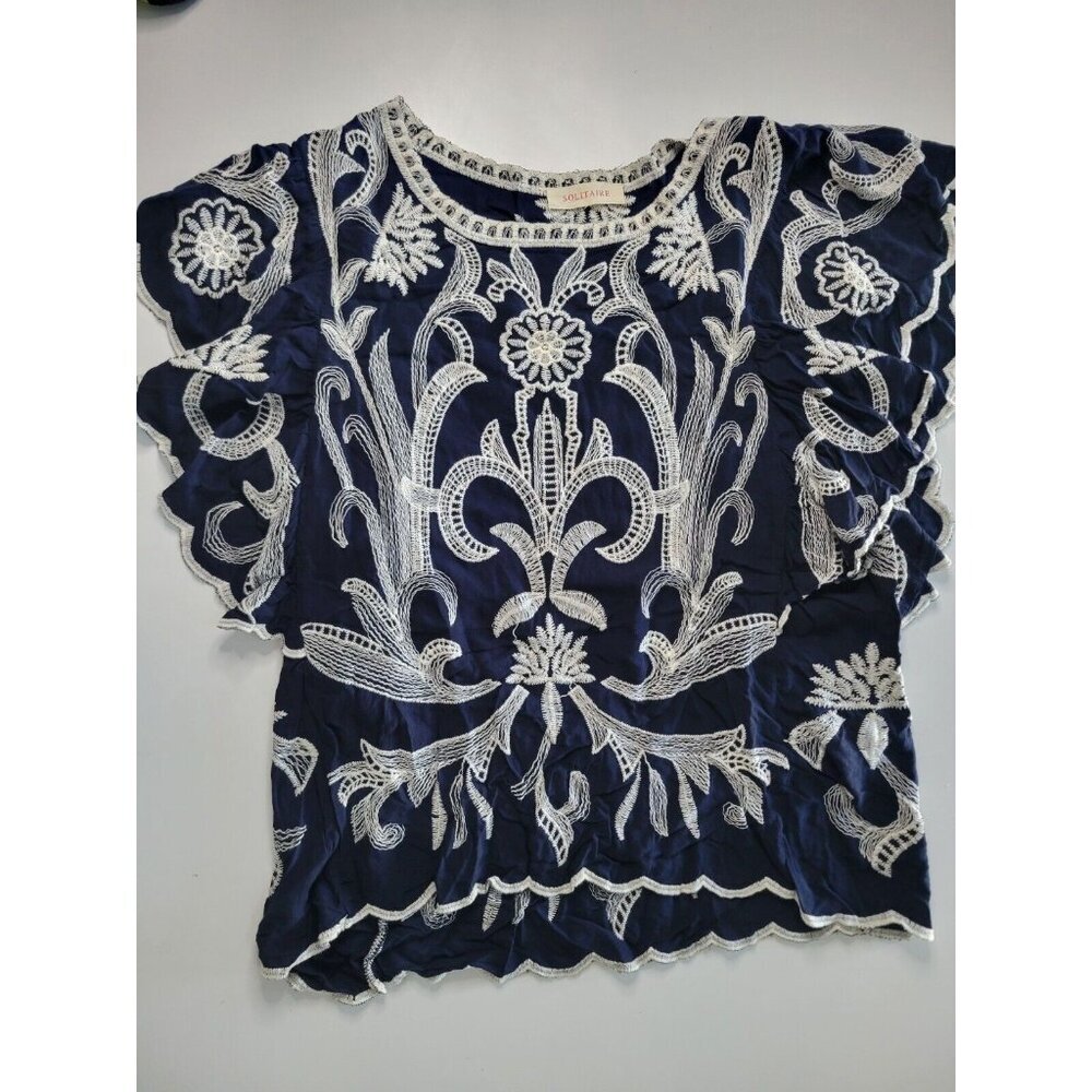 Solitaire Size L 19" Bust Women’s Boho Tunic Top Flowy Navy Embroidery